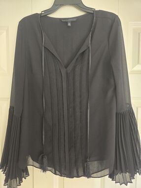 White House Black Market Black Sheer Blouse Pleated Bell Sleeve Tie Neck Size 8